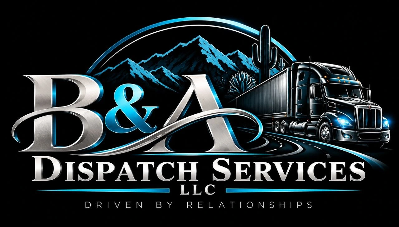Original B&A Dispatch Services LLC artwork showing a truck, mountains, and desert details.